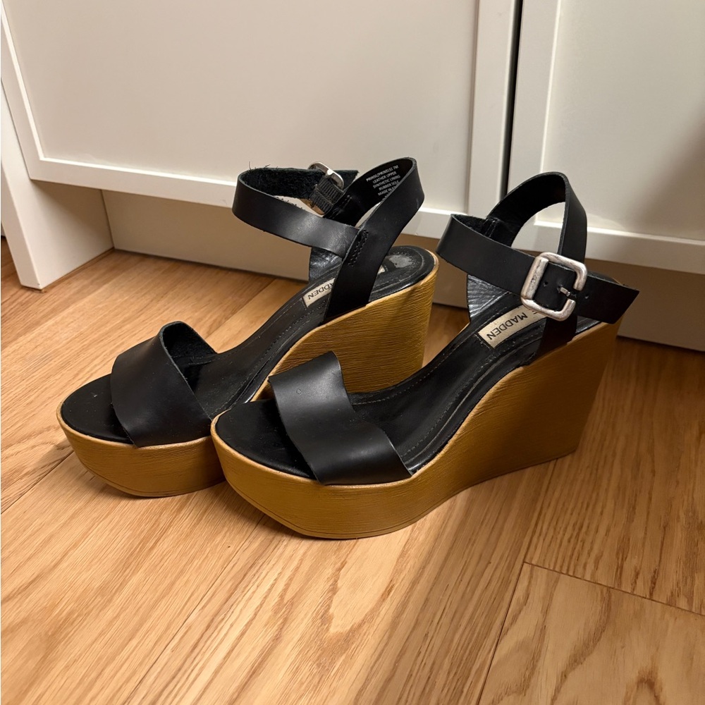 Steve Madden Black Leather Ankle-Strap Wedge Sandals with Tan Platform